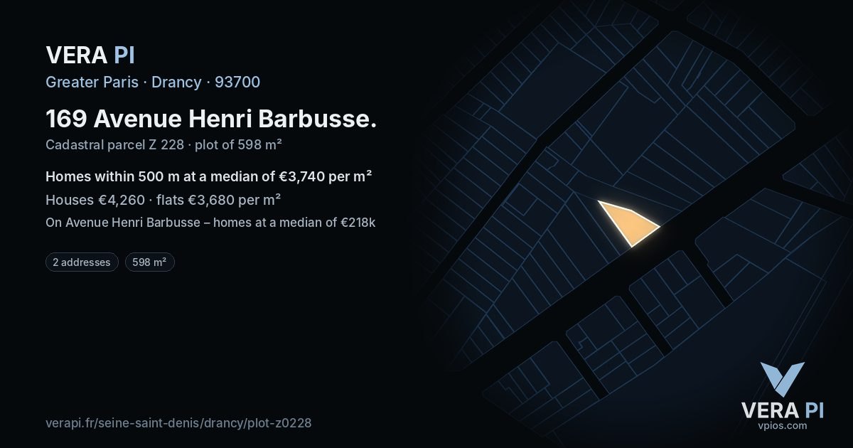169 Avenue Henri Barbusse, Drancy at night – the plot lit, the parcels around coloured by the prices near them