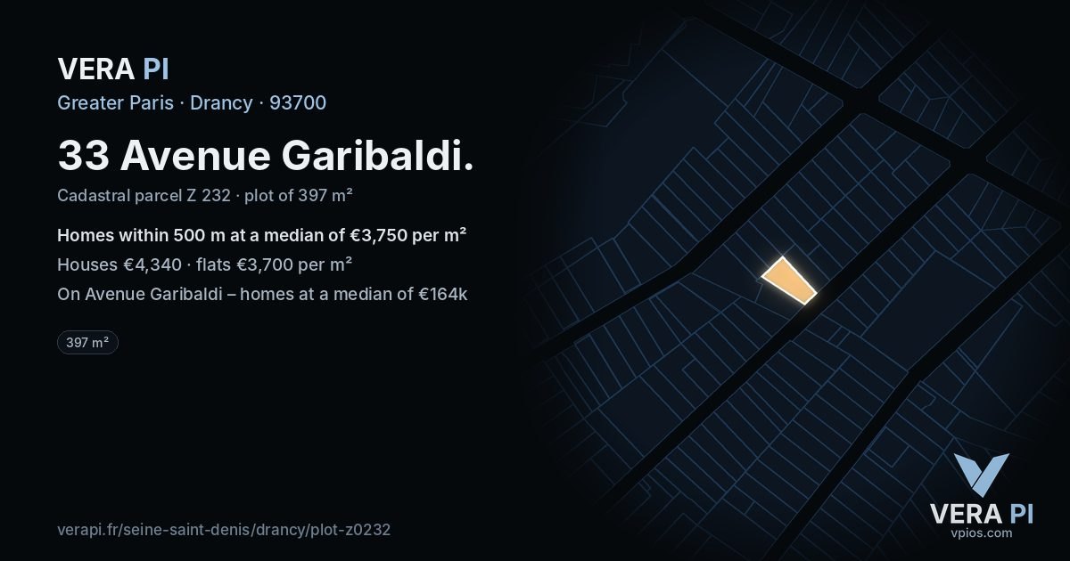 33 Avenue Garibaldi, Drancy at night – the plot lit, the parcels around coloured by the prices near them