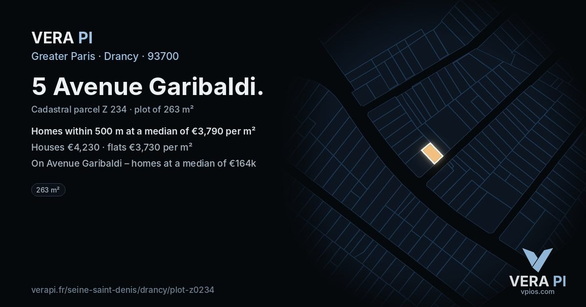 5 Avenue Garibaldi, Drancy at night – the plot lit, the parcels around coloured by the prices near them