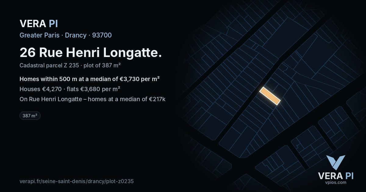 26 Rue Henri Longatte, Drancy at night – the plot lit, the parcels around coloured by the prices near them