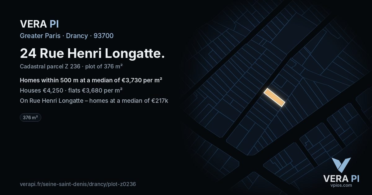 24 Rue Henri Longatte, Drancy at night – the plot lit, the parcels around coloured by the prices near them