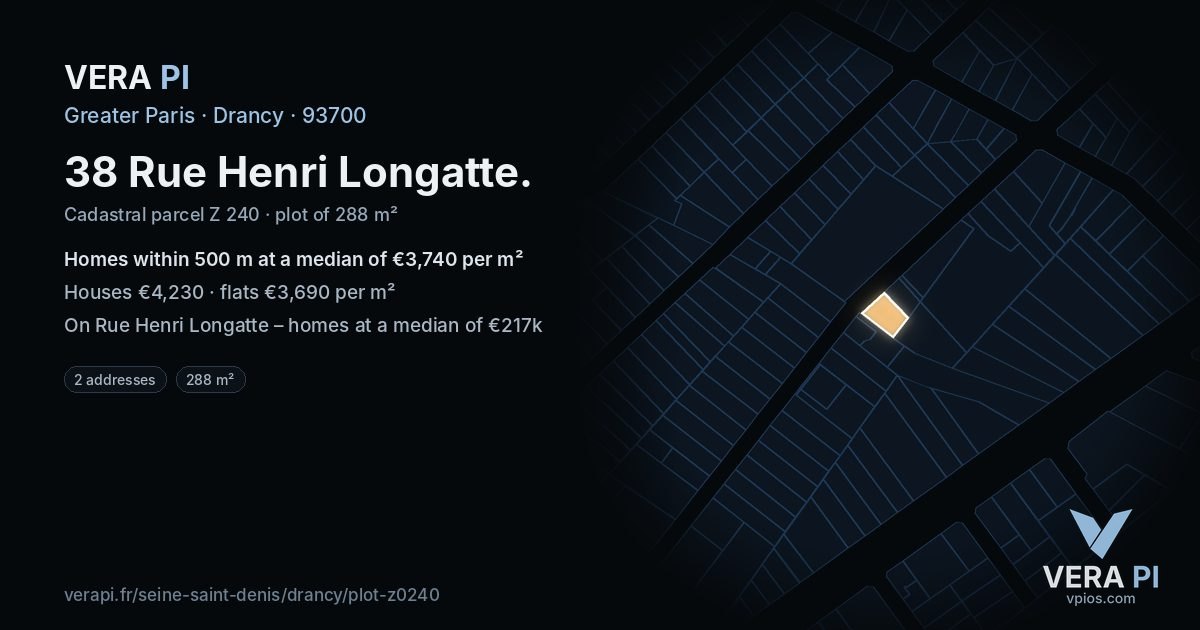 38 Rue Henri Longatte, Drancy at night – the plot lit, the parcels around coloured by the prices near them