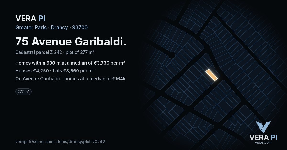 75 Avenue Garibaldi, Drancy at night – the plot lit, the parcels around coloured by the prices near them