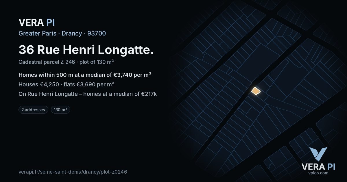 36 Rue Henri Longatte, Drancy at night – the plot lit, the parcels around coloured by the prices near them