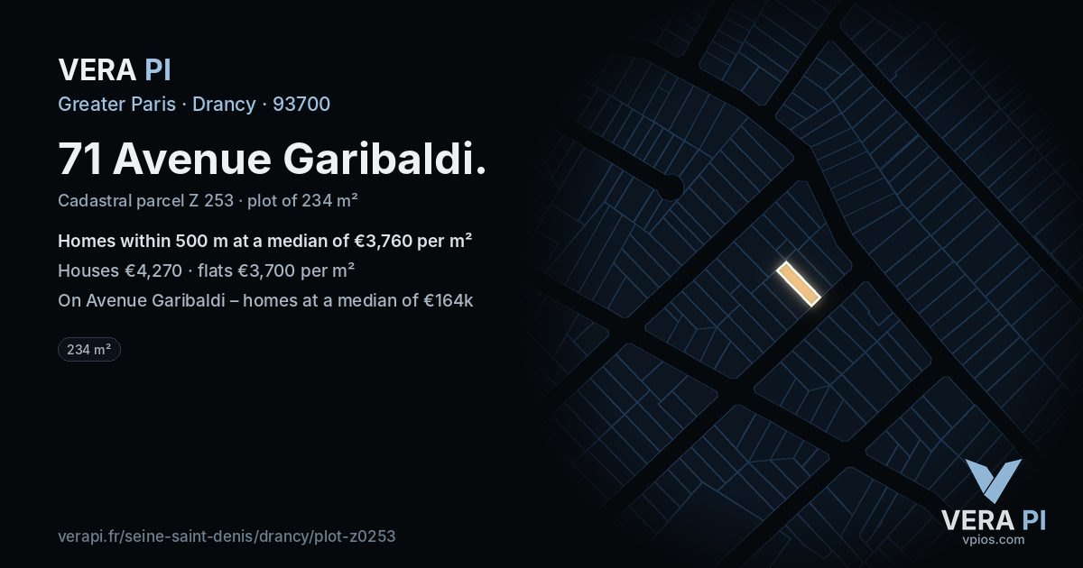 71 Avenue Garibaldi, Drancy at night – the plot lit, the parcels around coloured by the prices near them