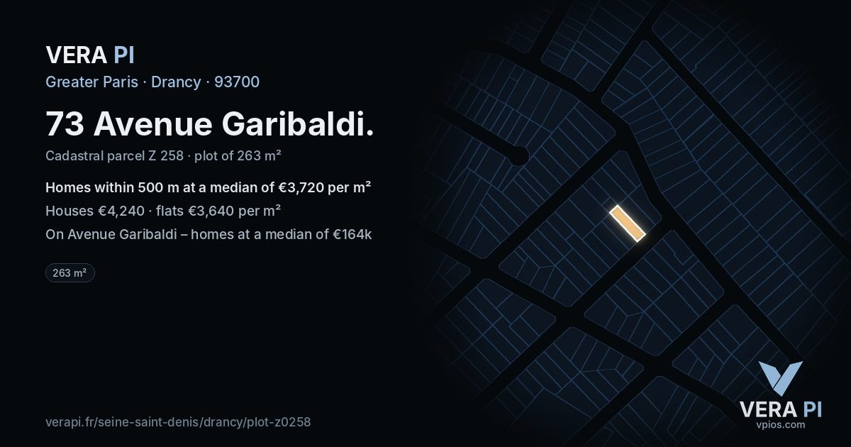 73 Avenue Garibaldi, Drancy at night – the plot lit, the parcels around coloured by the prices near them