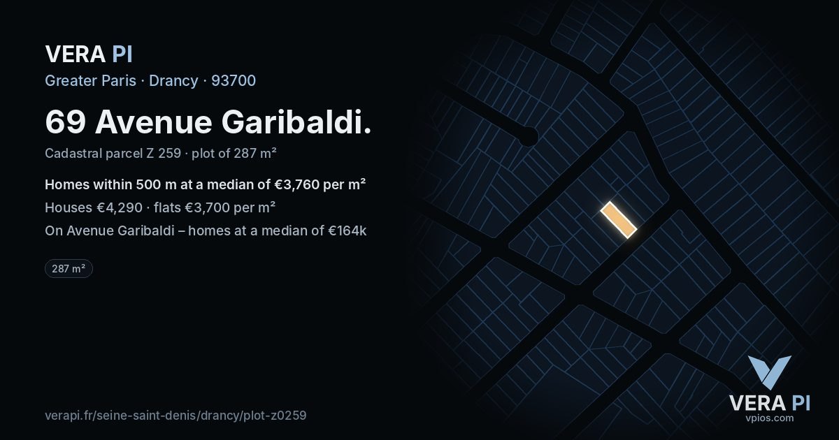 69 Avenue Garibaldi, Drancy at night – the plot lit, the parcels around coloured by the prices near them