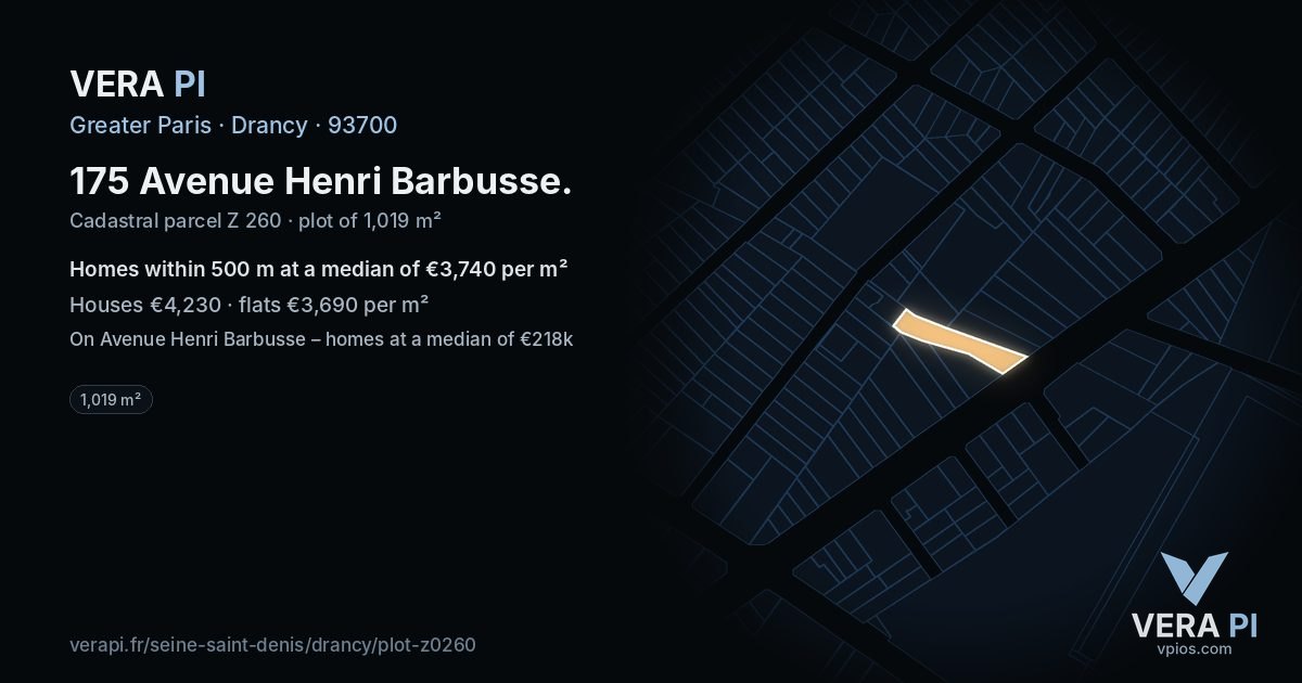 175 Avenue Henri Barbusse, Drancy at night – the plot lit, the parcels around coloured by the prices near them