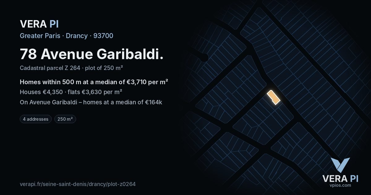 78 Avenue Garibaldi, Drancy at night – the plot lit, the parcels around coloured by the prices near them