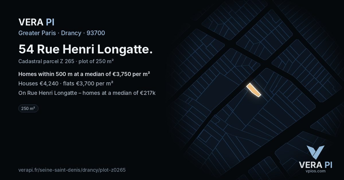 54 Rue Henri Longatte, Drancy at night – the plot lit, the parcels around coloured by the prices near them