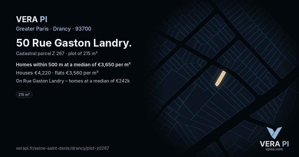 50 Rue Gaston Landry, Drancy at night – the plot lit, the parcels around coloured by the prices near them