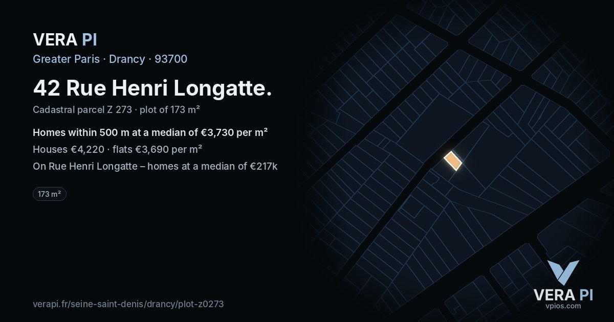 42 Rue Henri Longatte, Drancy at night – the plot lit, the parcels around coloured by the prices near them