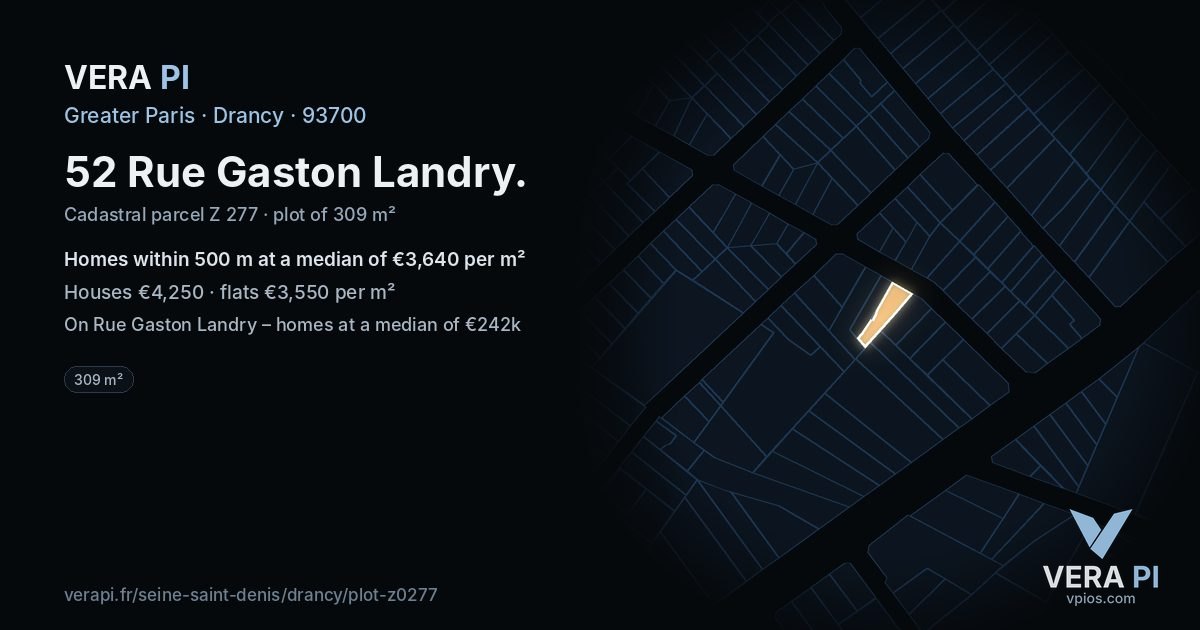 52 Rue Gaston Landry, Drancy at night – the plot lit, the parcels around coloured by the prices near them