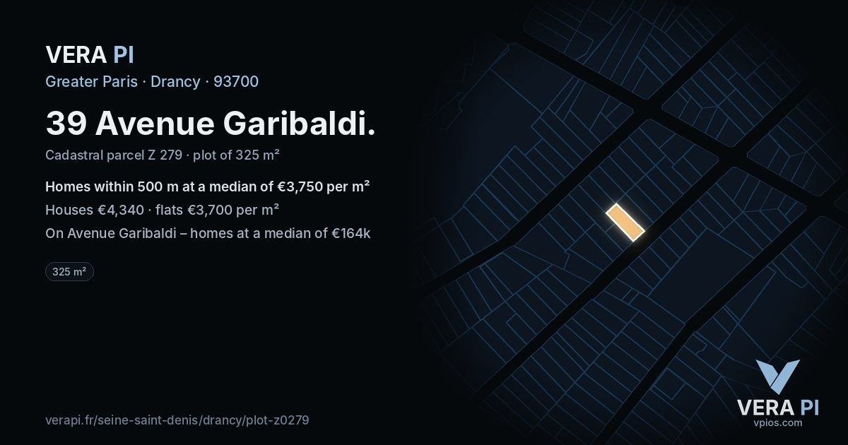 39 Avenue Garibaldi, Drancy at night – the plot lit, the parcels around coloured by the prices near them