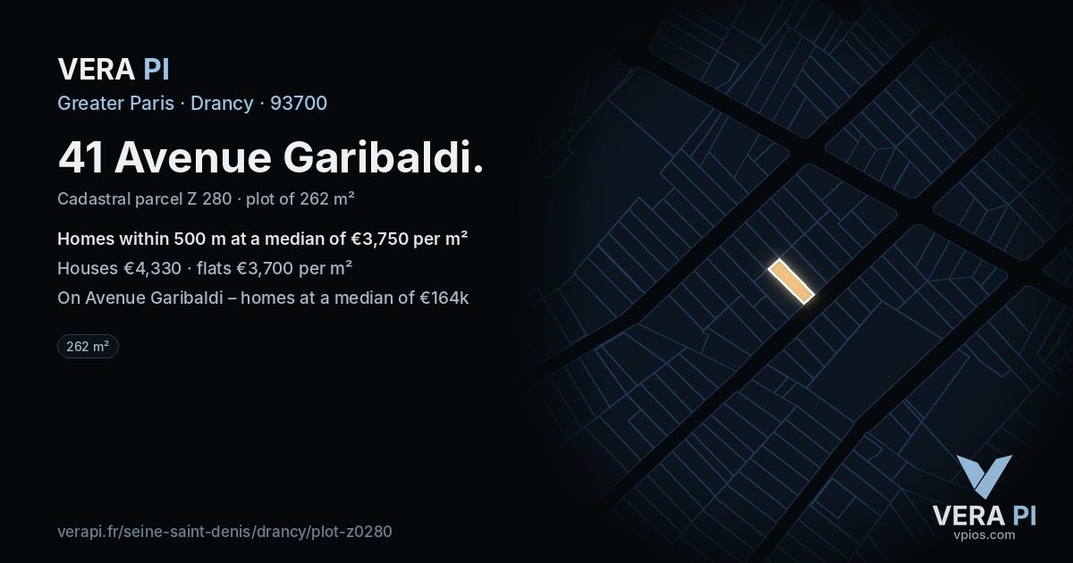 41 Avenue Garibaldi, Drancy at night – the plot lit, the parcels around coloured by the prices near them