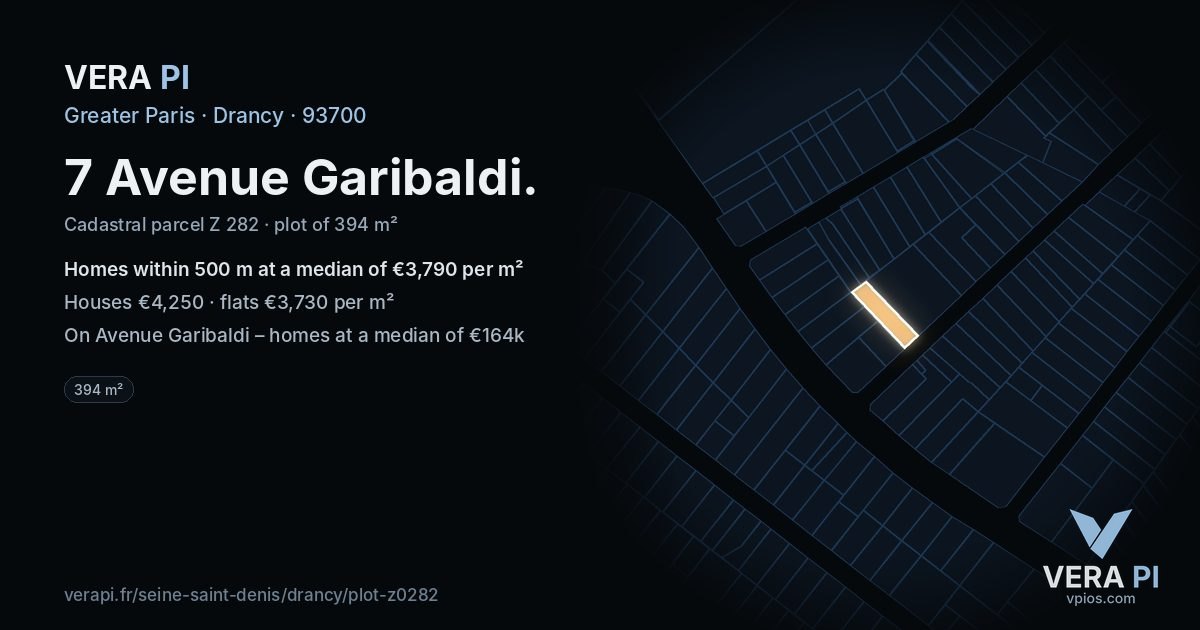 7 Avenue Garibaldi, Drancy at night – the plot lit, the parcels around coloured by the prices near them