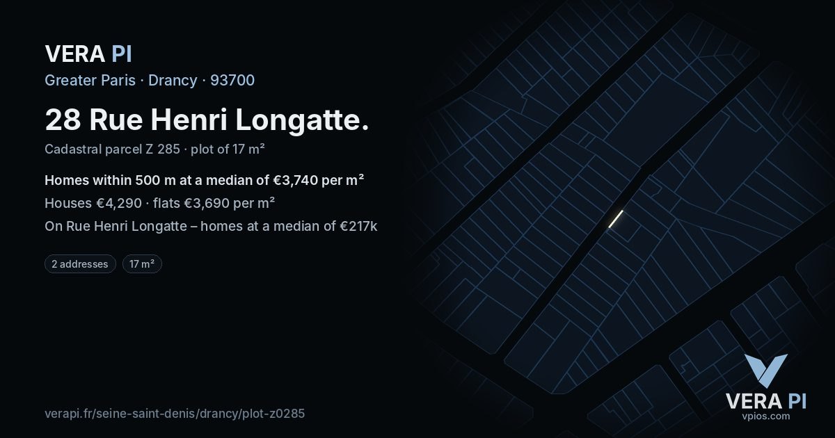 28 Rue Henri Longatte, Drancy at night – the plot lit, the parcels around coloured by the prices near them
