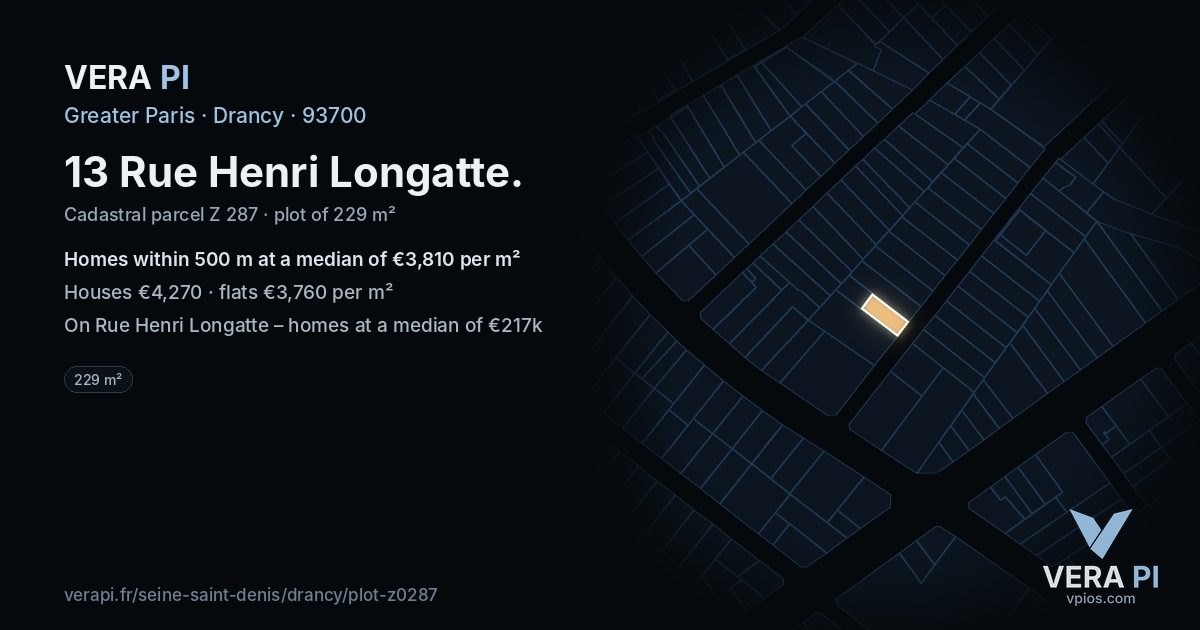 13 Rue Henri Longatte, Drancy at night – the plot lit, the parcels around coloured by the prices near them