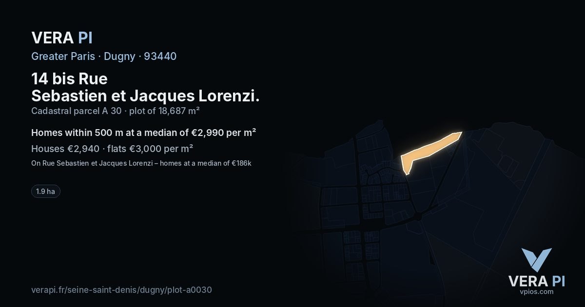 14 bis Rue Sebastien et Jacques Lorenzi, Dugny at night – the plot lit, the parcels around coloured by the prices near them