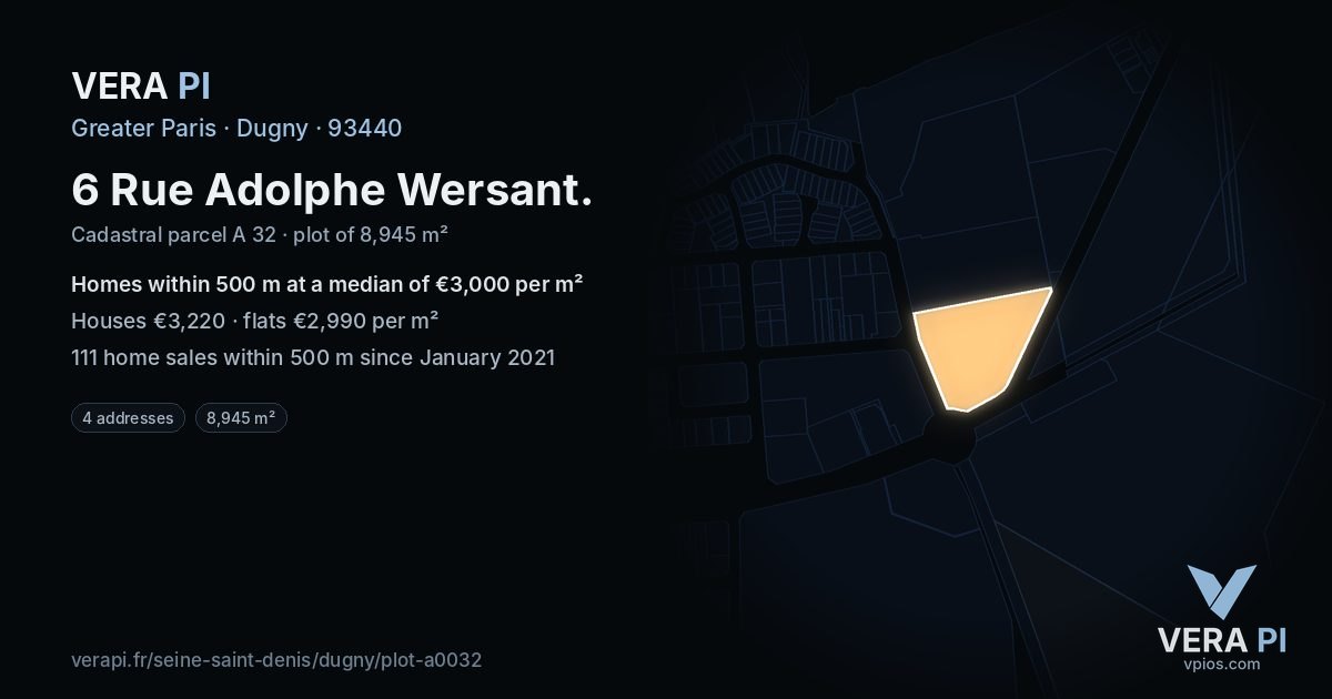 6 Rue Adolphe Wersant, Dugny at night – the plot lit, the parcels around coloured by the prices near them