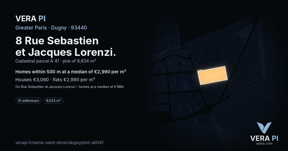 8 Rue Sebastien et Jacques Lorenzi, Dugny at night – the plot lit, the parcels around coloured by the prices near them