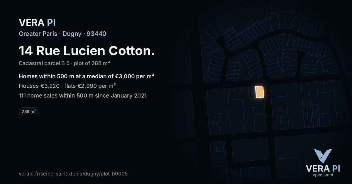14 Rue Lucien Cotton, Dugny at night – the plot lit, the parcels around coloured by the prices near them