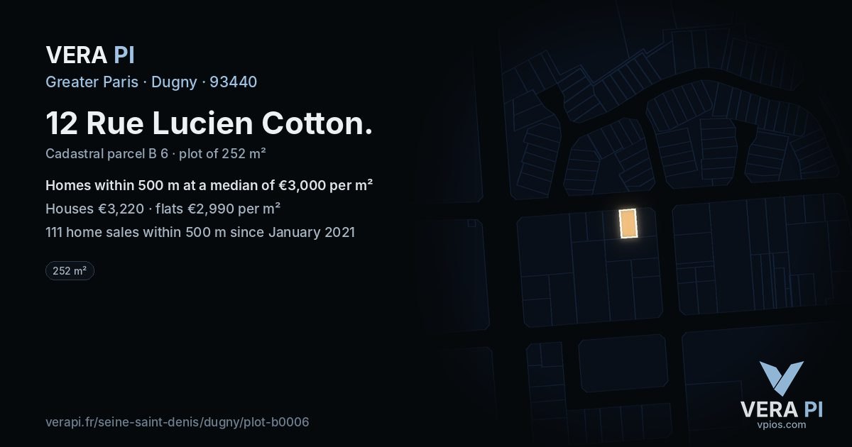 12 Rue Lucien Cotton, Dugny at night – the plot lit, the parcels around coloured by the prices near them