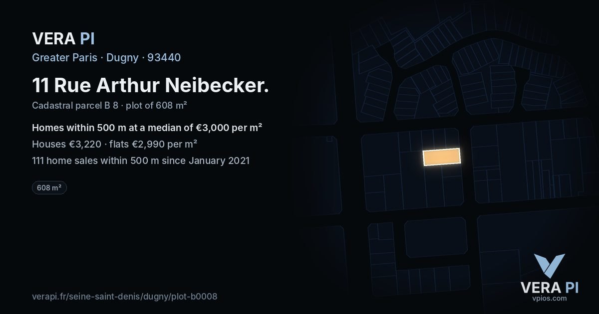 11 Rue Arthur Neibecker, Dugny at night – the plot lit, the parcels around coloured by the prices near them
