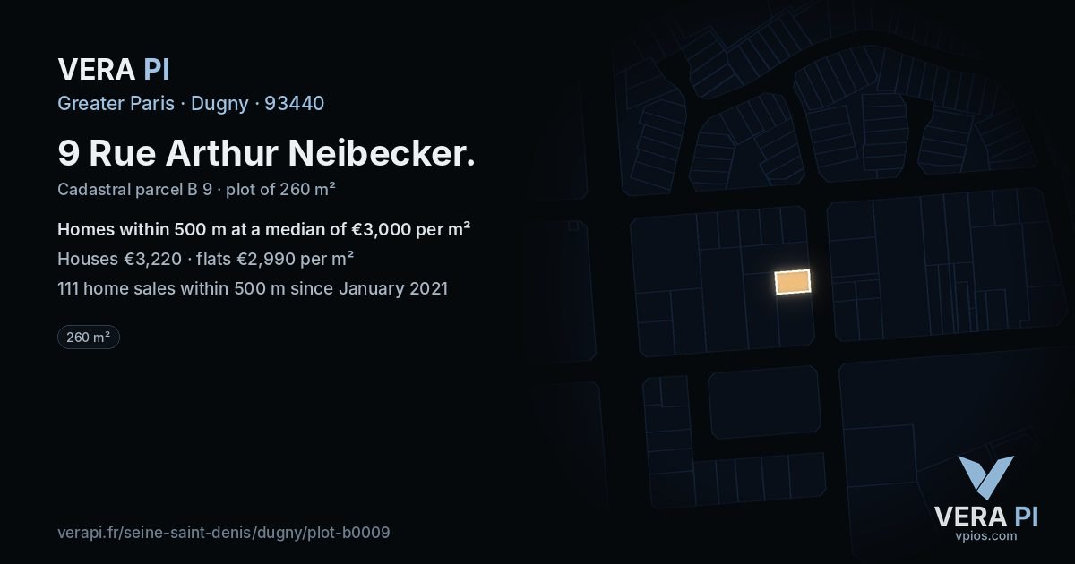 9 Rue Arthur Neibecker, Dugny at night – the plot lit, the parcels around coloured by the prices near them
