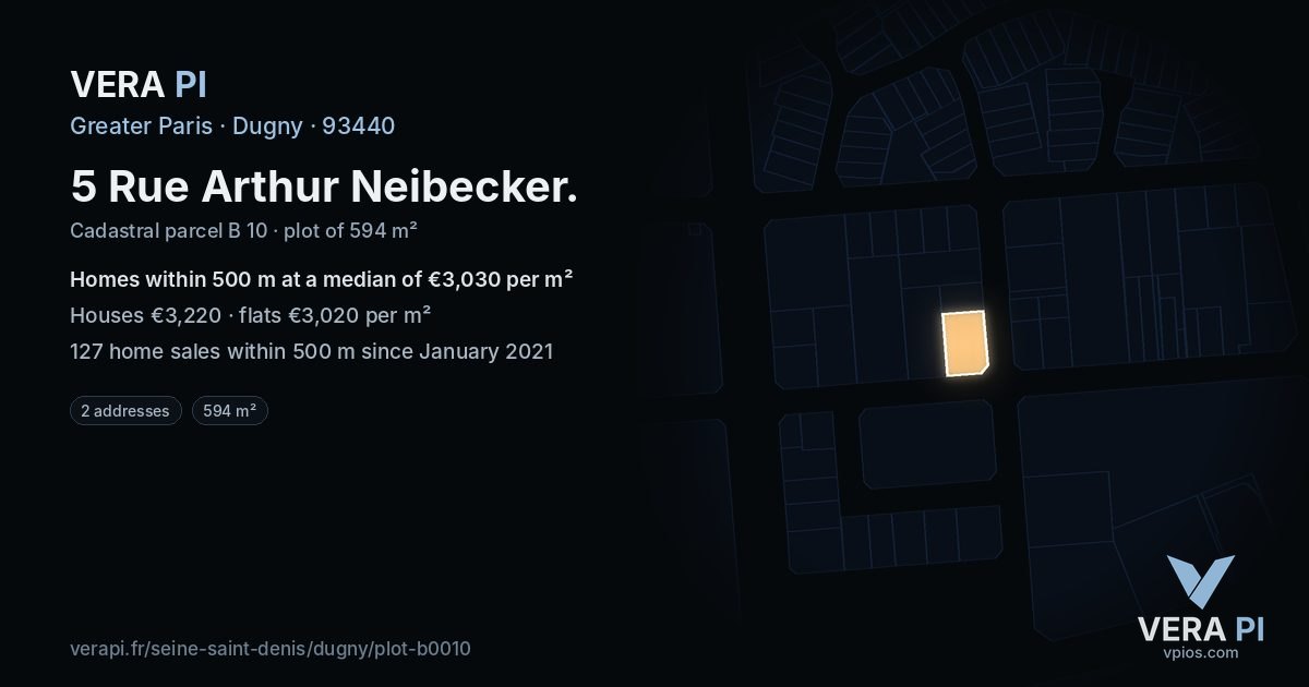 5 Rue Arthur Neibecker, Dugny at night – the plot lit, the parcels around coloured by the prices near them