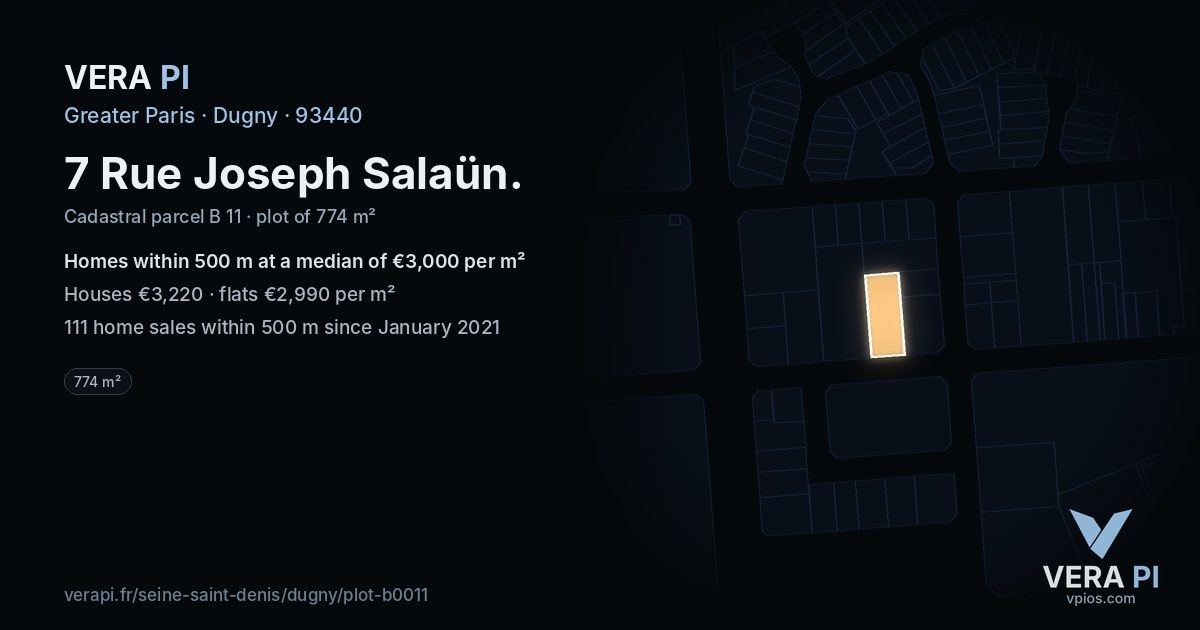 7 Rue Joseph Salaün, Dugny at night – the plot lit, the parcels around coloured by the prices near them