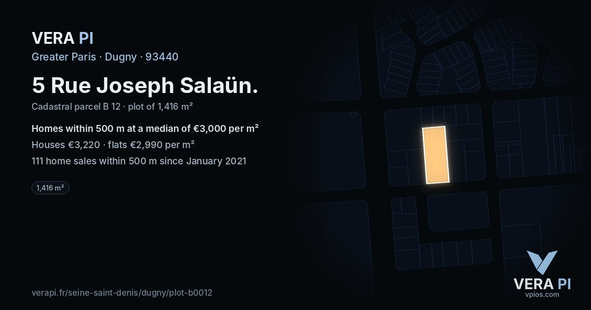 5 Rue Joseph Salaün, Dugny at night – the plot lit, the parcels around coloured by the prices near them