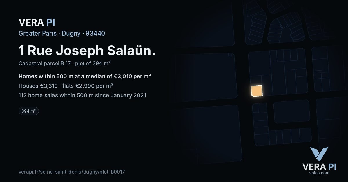 1 Rue Joseph Salaün, Dugny at night – the plot lit, the parcels around coloured by the prices near them