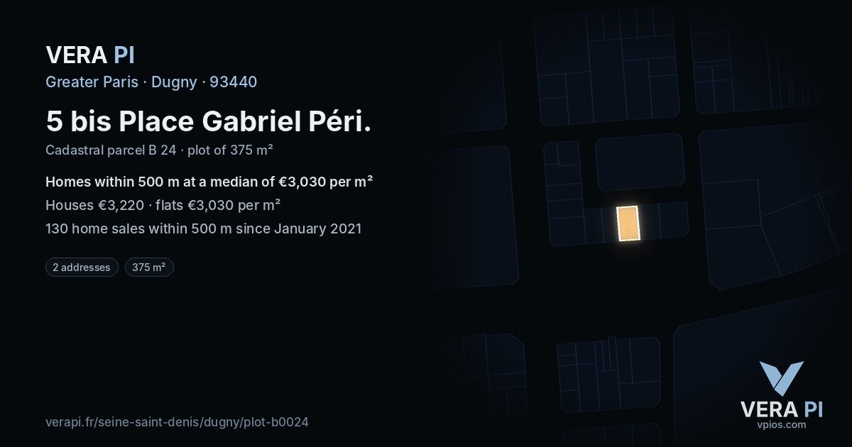 5 bis Place Gabriel Péri, Dugny at night – the plot lit, the parcels around coloured by the prices near them