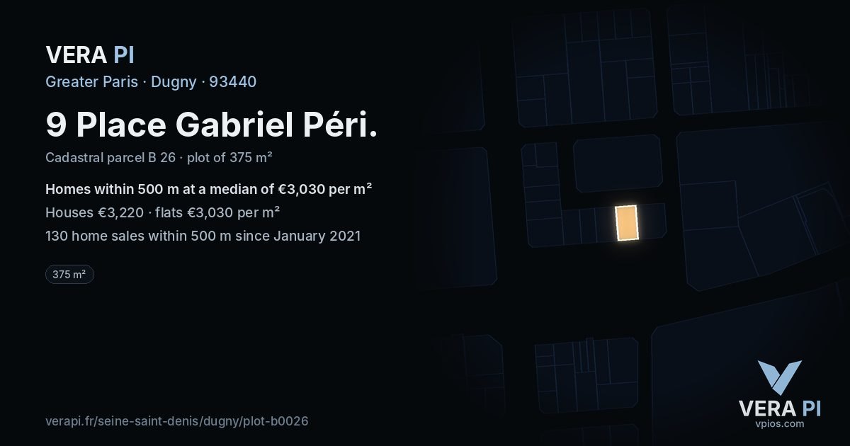 9 Place Gabriel Péri, Dugny at night – the plot lit, the parcels around coloured by the prices near them