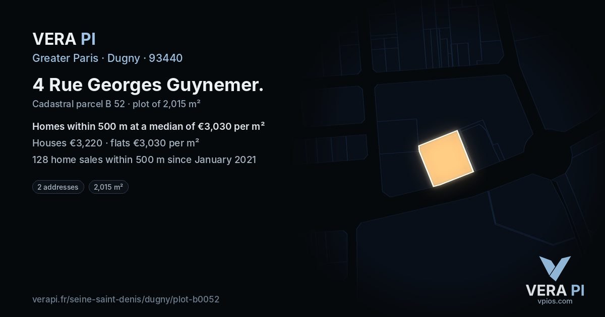 4 Rue Georges Guynemer, Dugny at night – the plot lit, the parcels around coloured by the prices near them