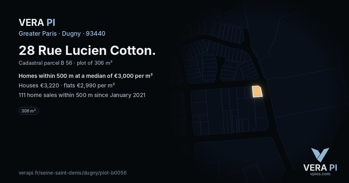 28 Rue Lucien Cotton, Dugny at night – the plot lit, the parcels around coloured by the prices near them