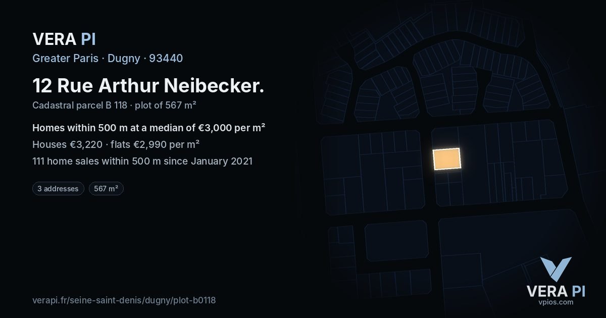 12 Rue Arthur Neibecker, Dugny at night – the plot lit, the parcels around coloured by the prices near them