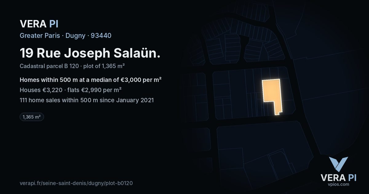 19 Rue Joseph Salaün, Dugny at night – the plot lit, the parcels around coloured by the prices near them