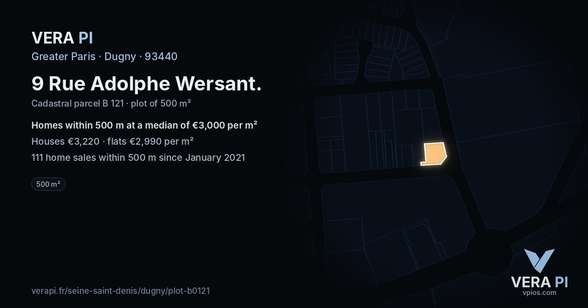 9 Rue Adolphe Wersant, Dugny at night – the plot lit, the parcels around coloured by the prices near them