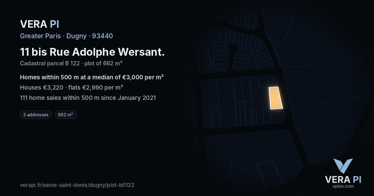 11 bis Rue Adolphe Wersant, Dugny at night – the plot lit, the parcels around coloured by the prices near them