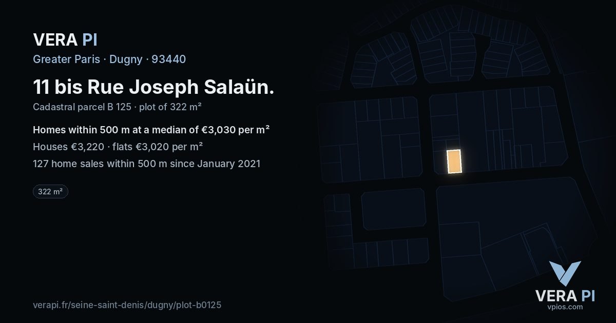 11 bis Rue Joseph Salaün, Dugny at night – the plot lit, the parcels around coloured by the prices near them