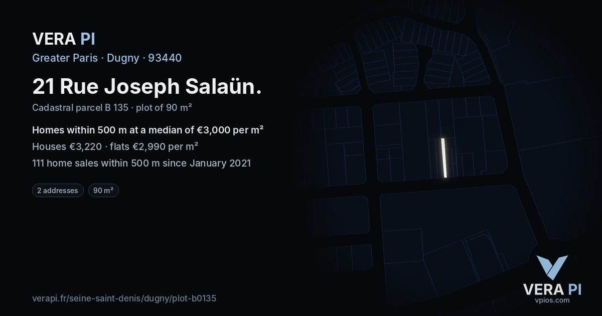 21 Rue Joseph Salaün, Dugny at night – the plot lit, the parcels around coloured by the prices near them