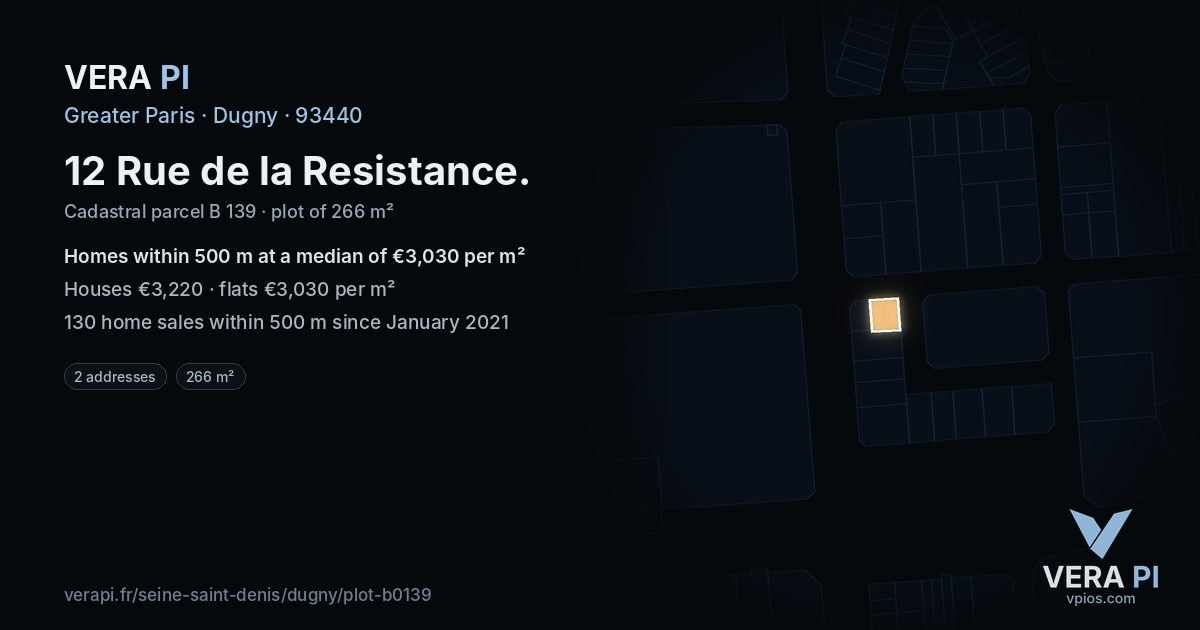 12 Rue de la Resistance, Dugny at night – the plot lit, the parcels around coloured by the prices near them