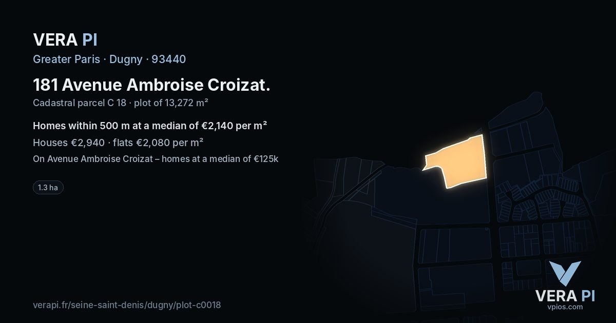 181 Avenue Ambroise Croizat, Dugny at night – the plot lit, the parcels around coloured by the prices near them
