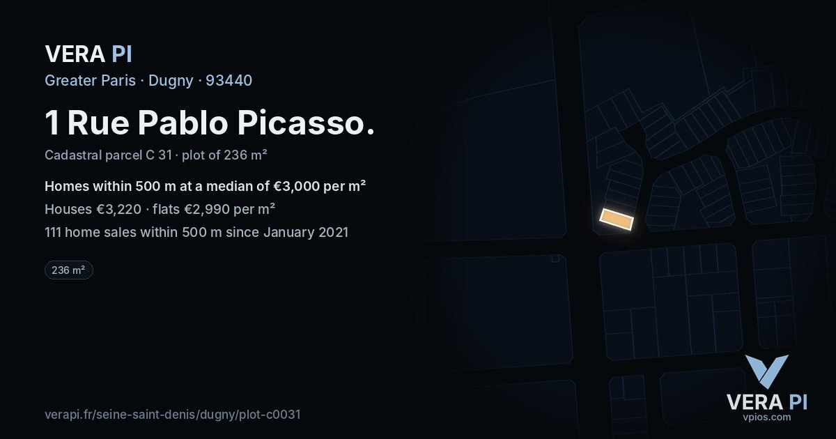 1 Rue Pablo Picasso, Dugny at night – the plot lit, the parcels around coloured by the prices near them