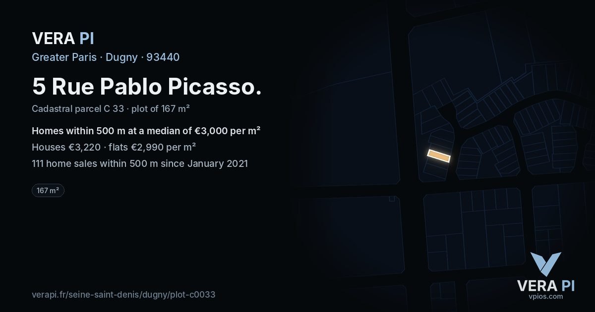 5 Rue Pablo Picasso, Dugny at night – the plot lit, the parcels around coloured by the prices near them