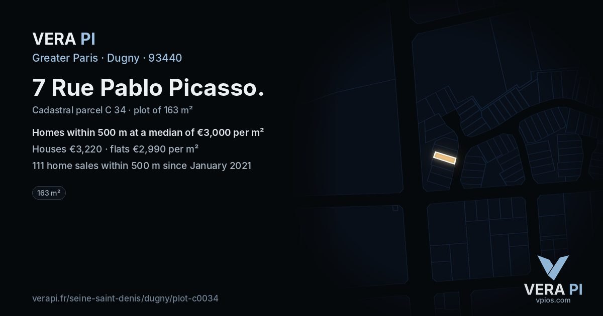 7 Rue Pablo Picasso, Dugny at night – the plot lit, the parcels around coloured by the prices near them