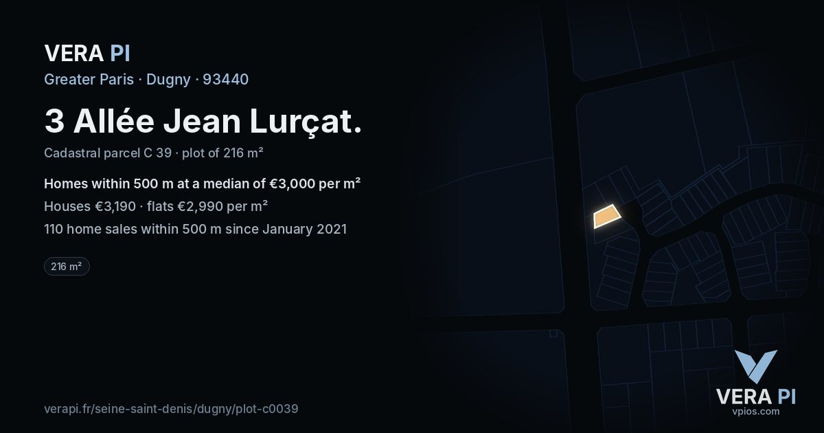 3 Allée Jean Lurçat, Dugny at night – the plot lit, the parcels around coloured by the prices near them