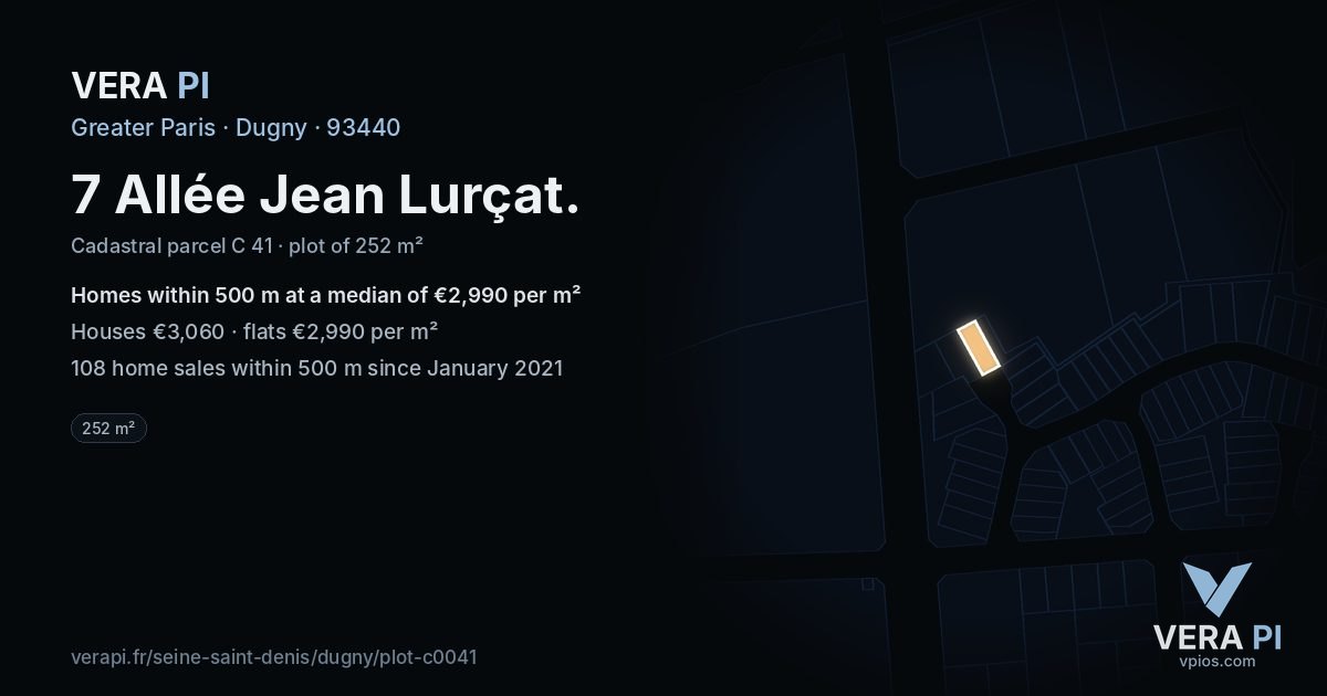 7 Allée Jean Lurçat, Dugny at night – the plot lit, the parcels around coloured by the prices near them